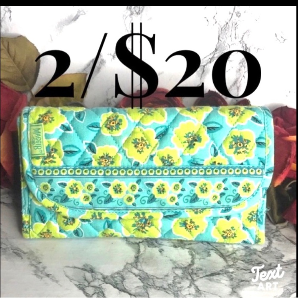 Maggie B Blue and Green Quilted Floral Clutch Wallet